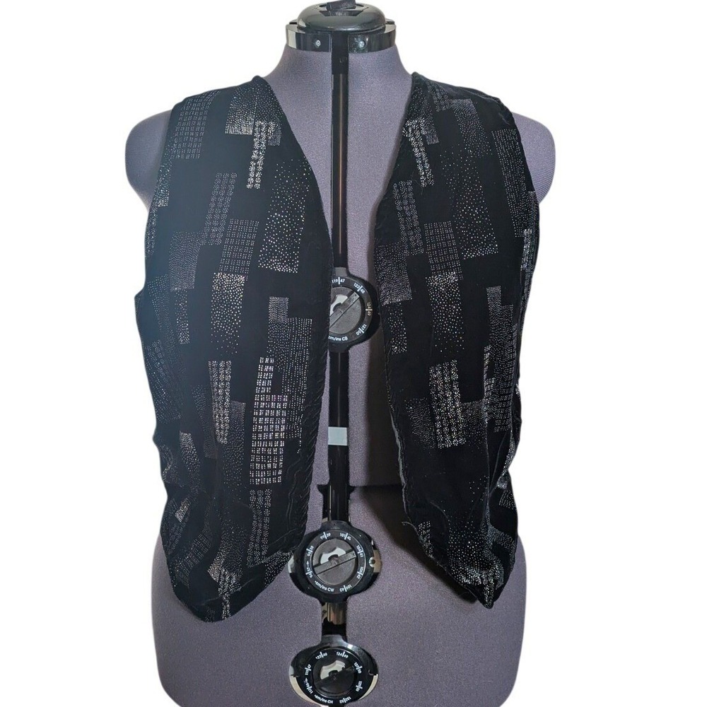 80s 90s Vintage Black Velvet Silver Glitter Geometric Vest Whimsigoth Plus 2X